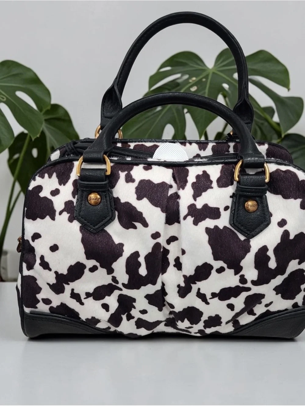 Juicy Couture Black & White Cow Print Romance Satchel with Pink Bow